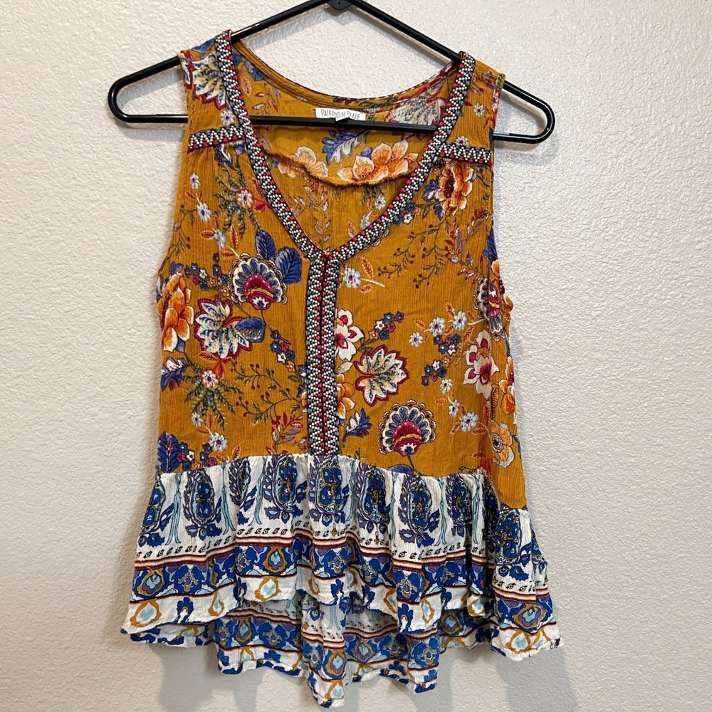 Patrons of Peace Womens S Mustard Floral Paisley Boho Tunic Top Ruffle Hem